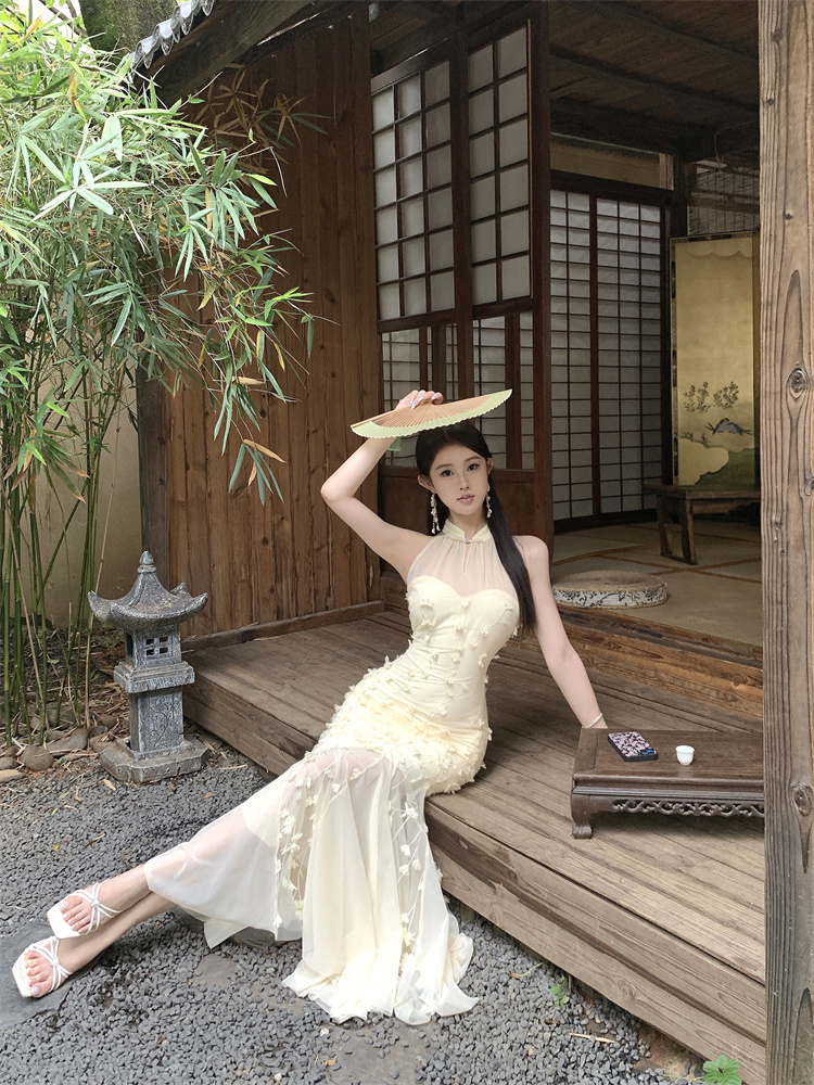 Flowers decoration long slim stereoscopic hollow dress