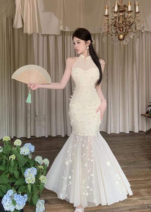 Flowers decoration long slim stereoscopic hollow dress