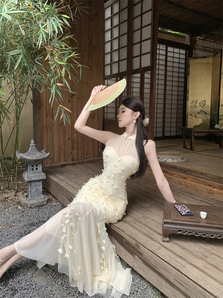 Flowers decoration long slim stereoscopic hollow dress