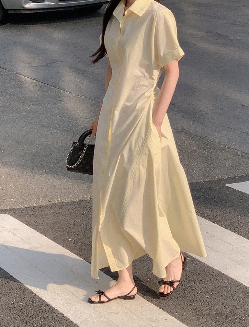 Korean style summer lapel dress simple folds shirt