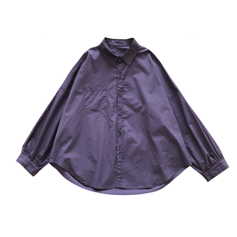 Autumn fold hem tops long sleeve purple shirt for women