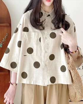 Polka dot loose Asian style cotton linen shirt