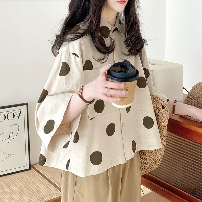 Polka dot loose Asian style cotton linen shirt