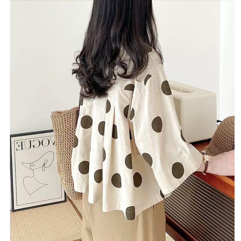 Polka dot loose Asian style cotton linen shirt