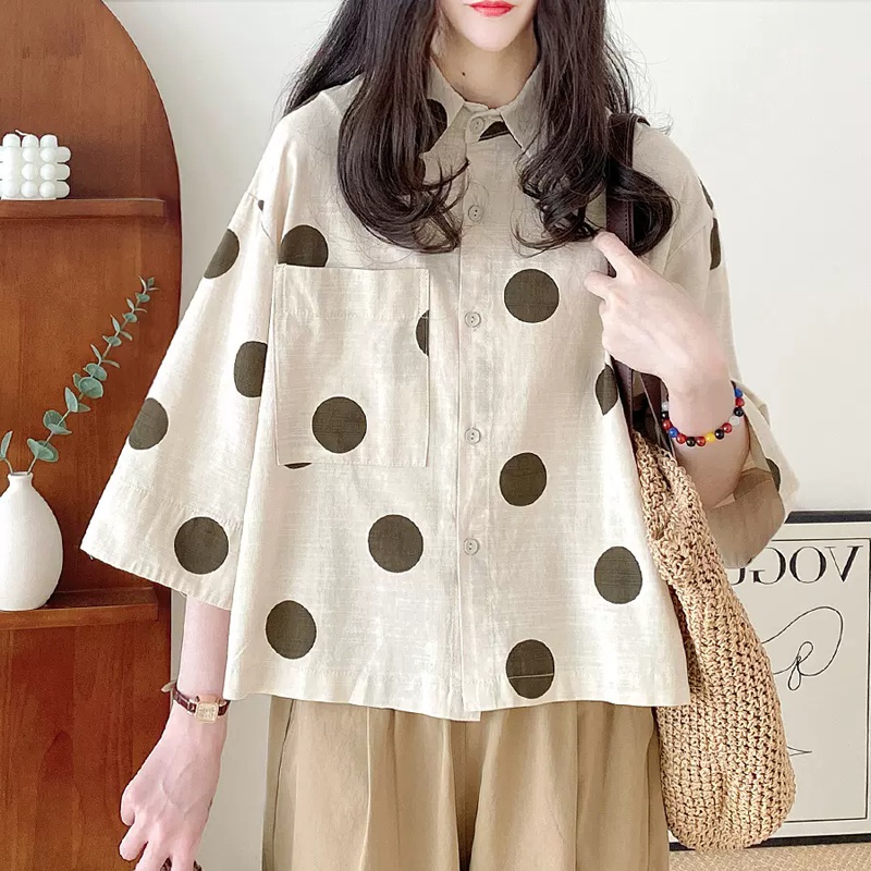 Polka dot loose Asian style cotton linen shirt