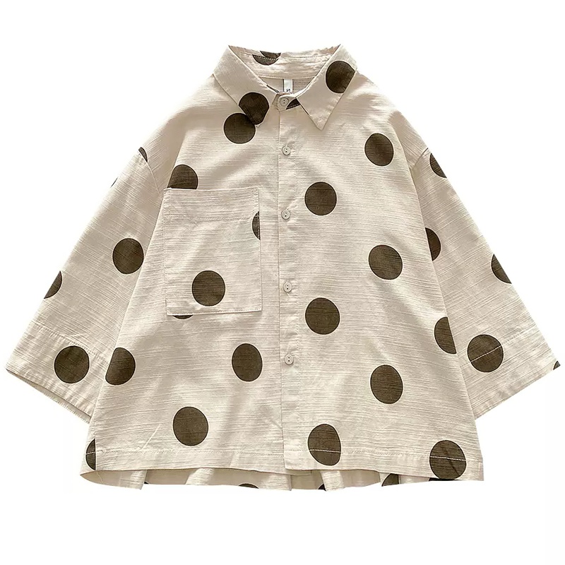 Polka dot loose Asian style cotton linen shirt