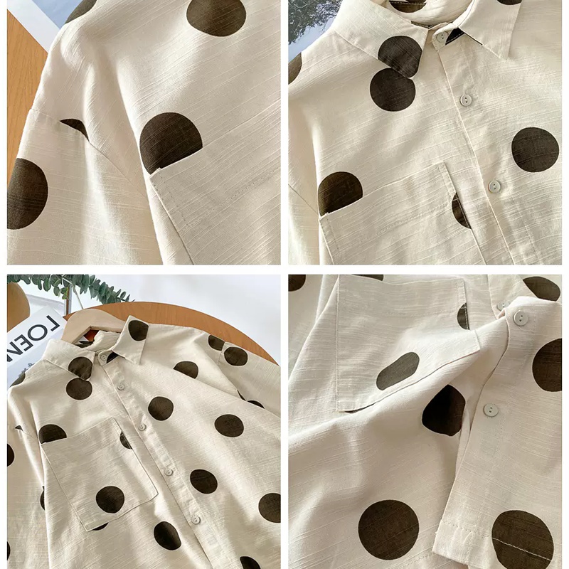 Polka dot loose Asian style cotton linen shirt