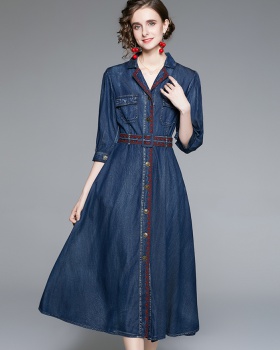 Embroidery denim slim autumn show young short sleeve dress