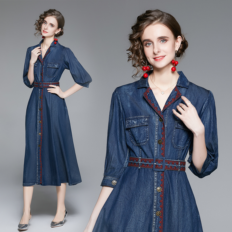 Embroidery denim slim autumn show young short sleeve dress