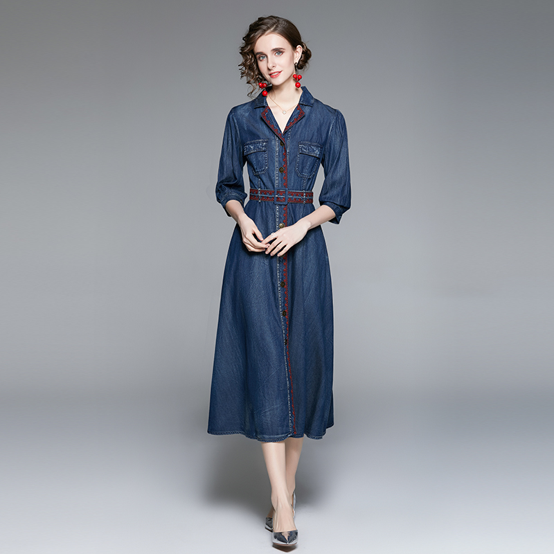 Embroidery denim slim autumn show young short sleeve dress