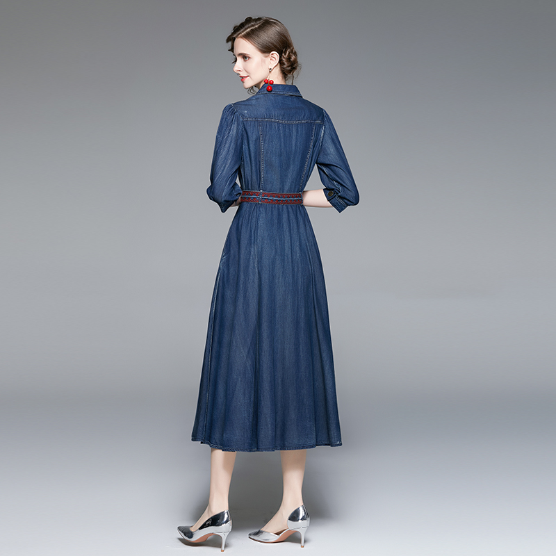 Embroidery denim slim autumn show young short sleeve dress