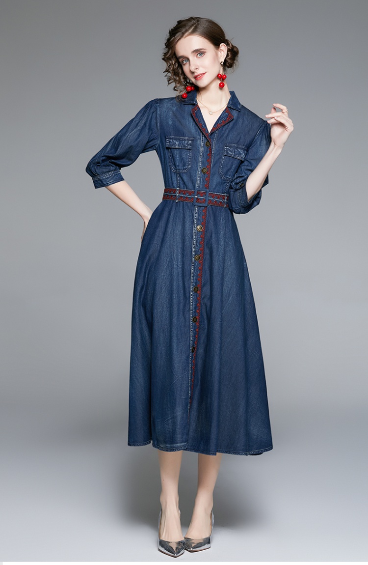 Embroidery denim slim autumn show young short sleeve dress