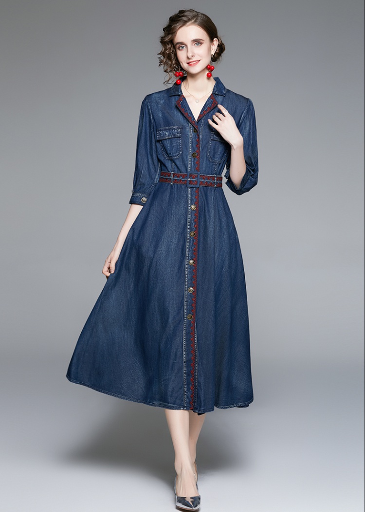 Embroidery denim slim autumn show young short sleeve dress