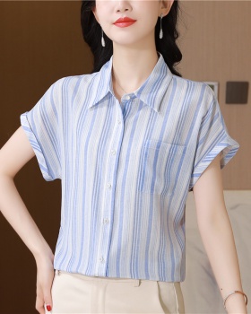 Silk real silk slim tops short sleeve stripe small shirt