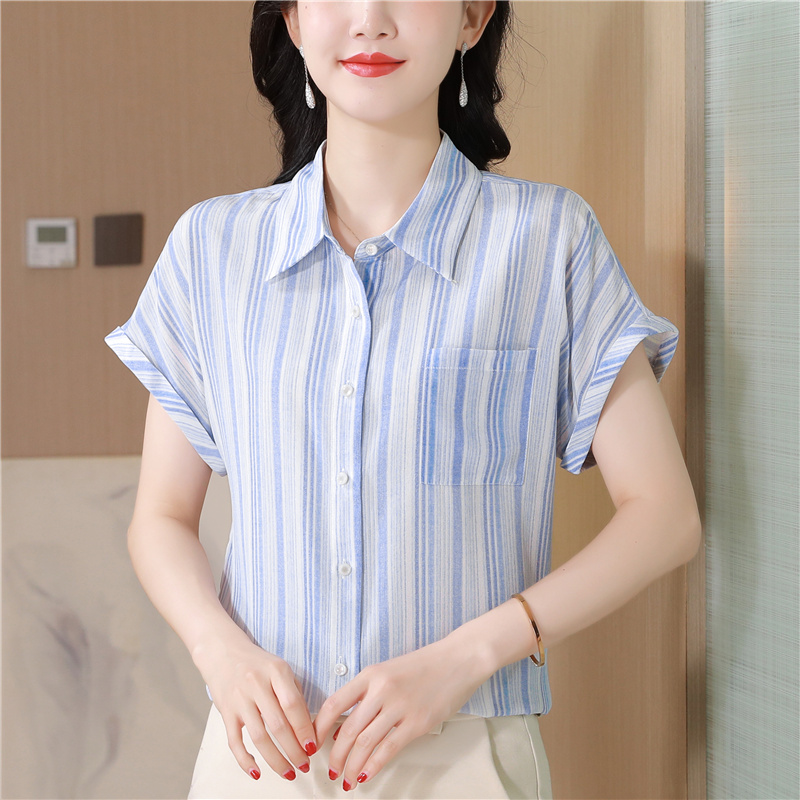 Silk real silk slim tops short sleeve stripe small shirt