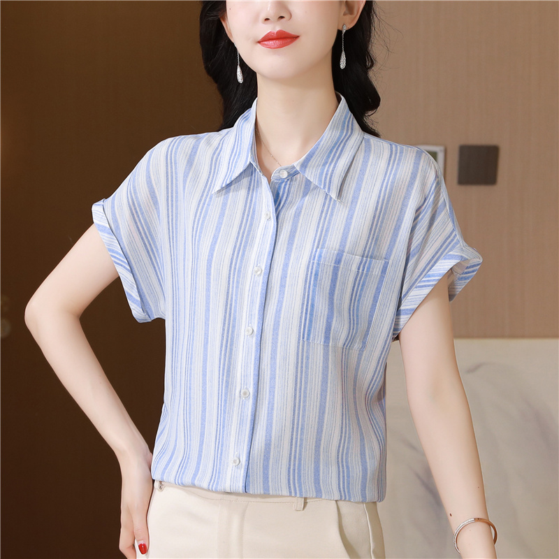 Silk real silk slim tops short sleeve stripe small shirt