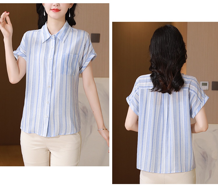 Silk real silk slim tops short sleeve stripe small shirt