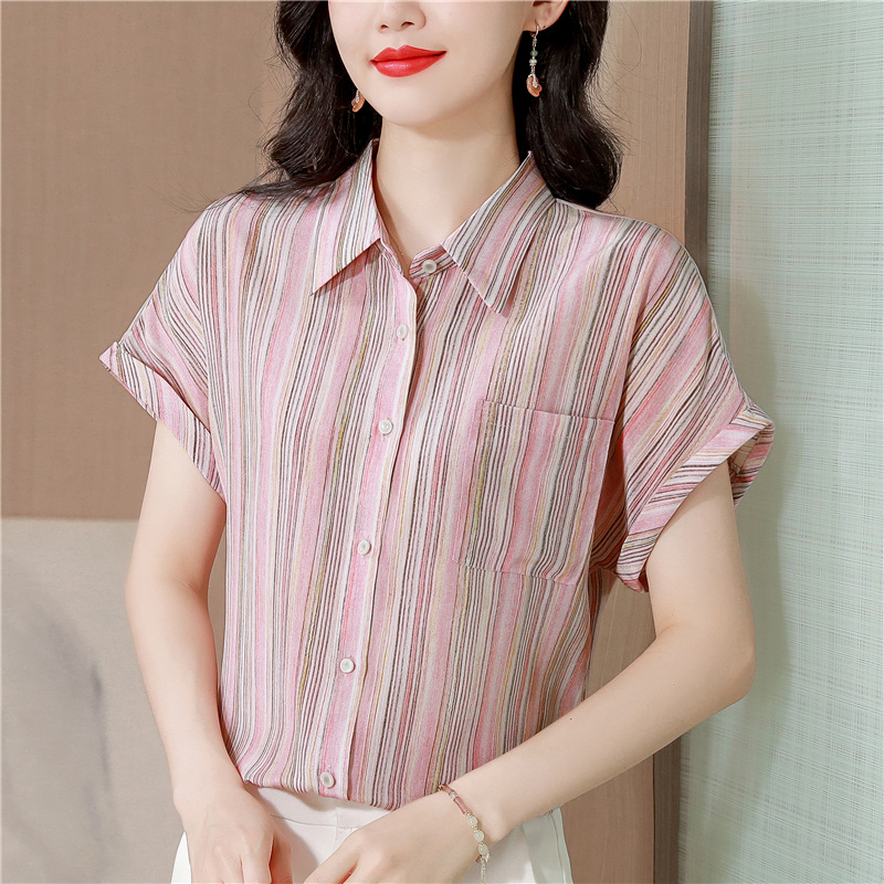 Silk real silk slim tops short sleeve stripe small shirt