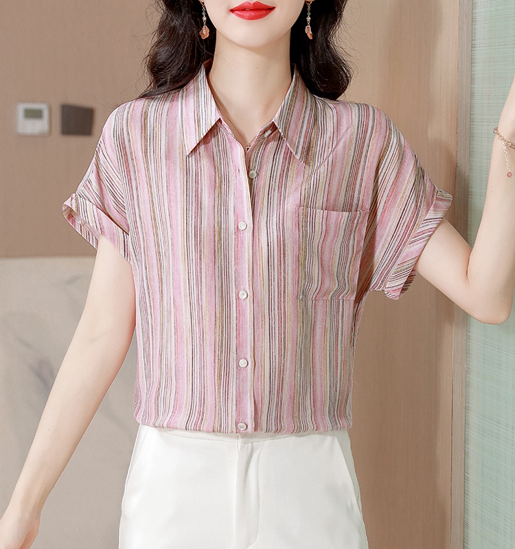 Silk real silk slim tops short sleeve stripe small shirt