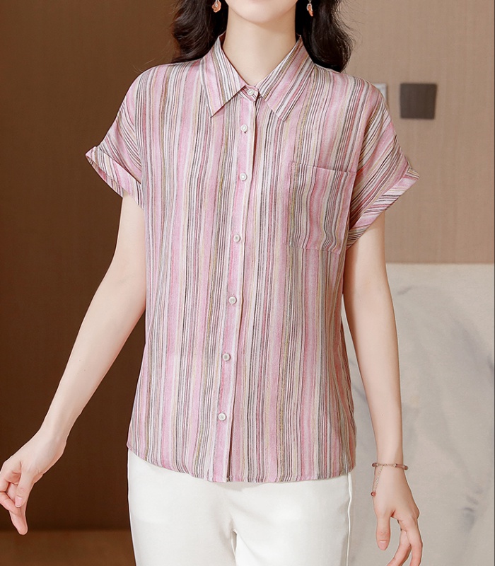 Silk real silk slim tops short sleeve stripe small shirt