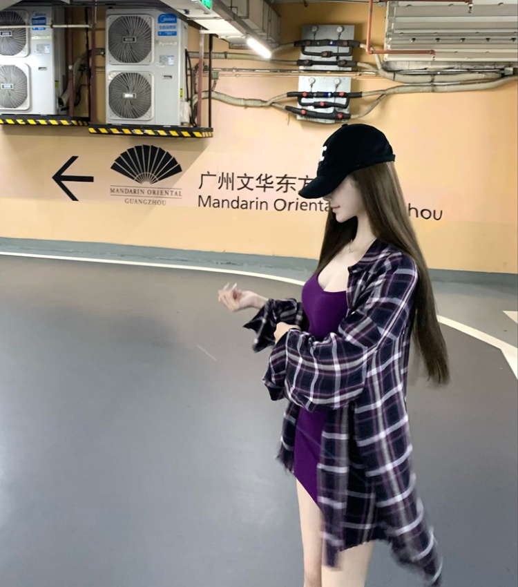 Plaid sling thin shirts summer purple shirt for women