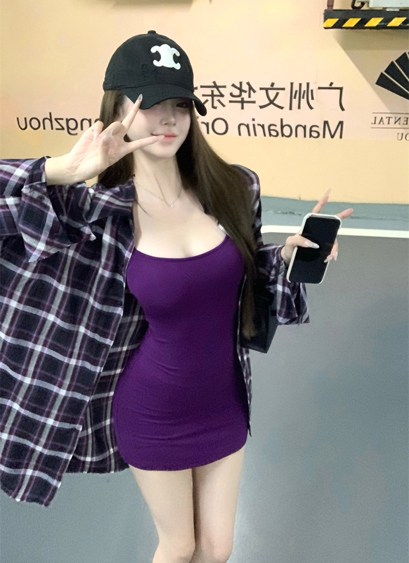 Plaid sling thin shirts summer purple shirt for women