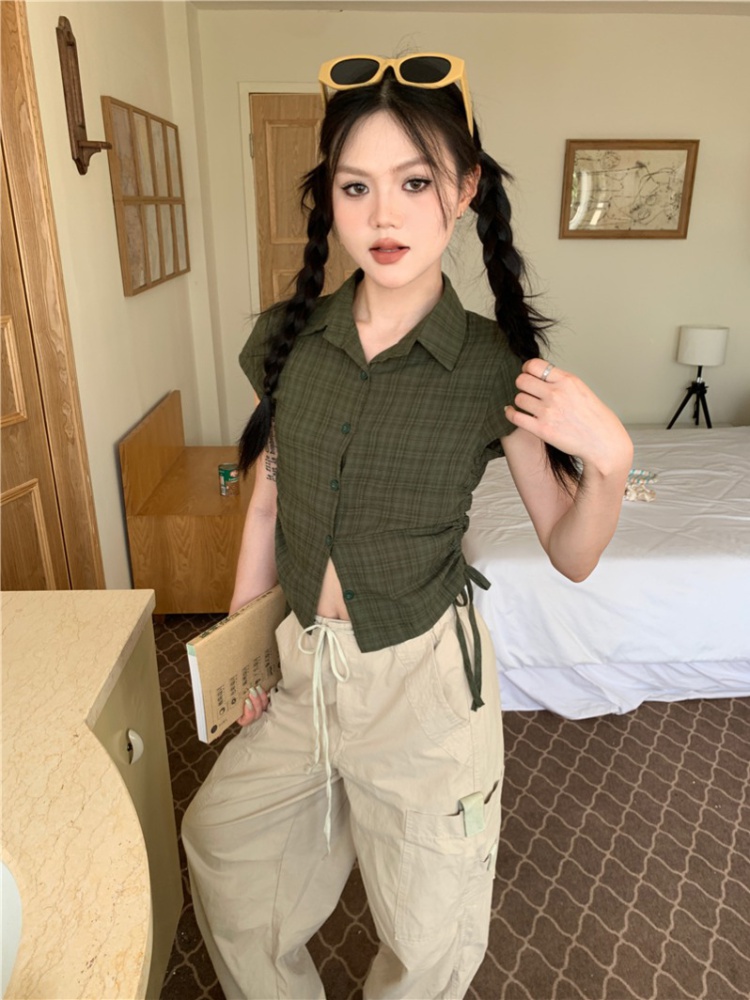 Pinched waist short retro lapel short sleeve shirt