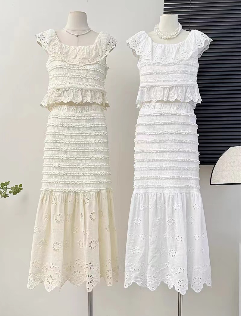 Lace flat shoulder skirt lady tops 2pcs set for women