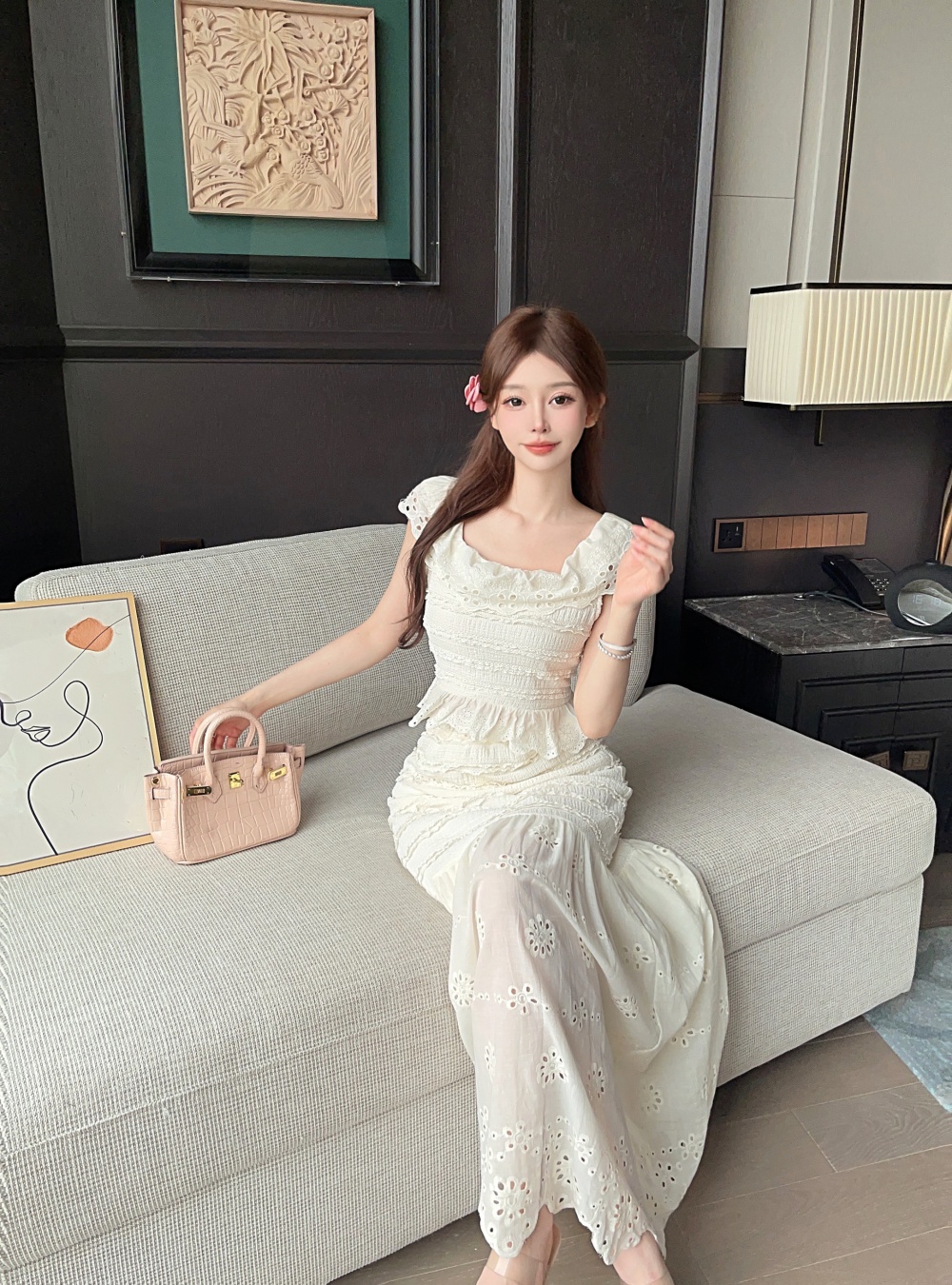 Lace flat shoulder skirt lady tops 2pcs set for women