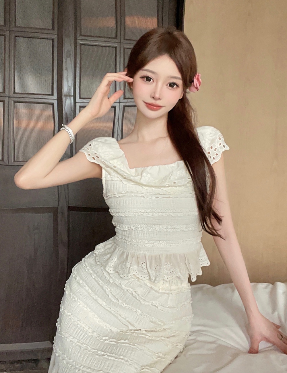 Lace flat shoulder skirt lady tops 2pcs set for women