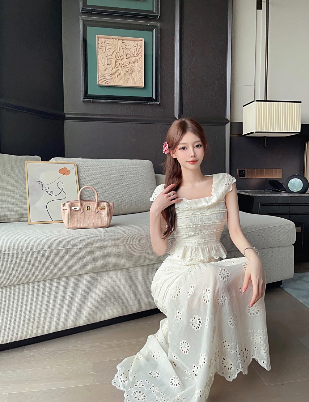 Lace flat shoulder skirt lady tops 2pcs set for women