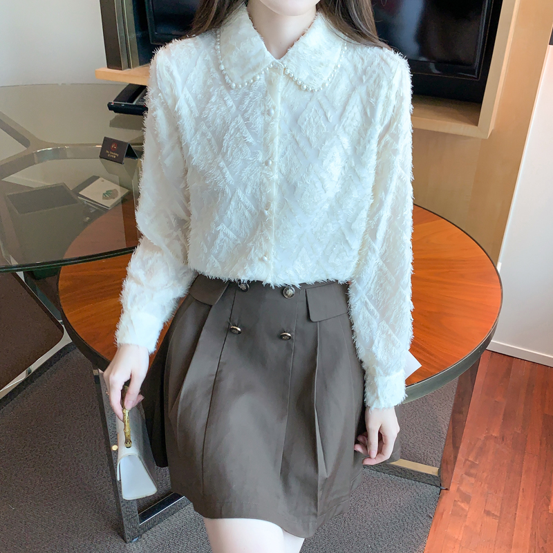 Western style long sleeve tops beige lace shirt