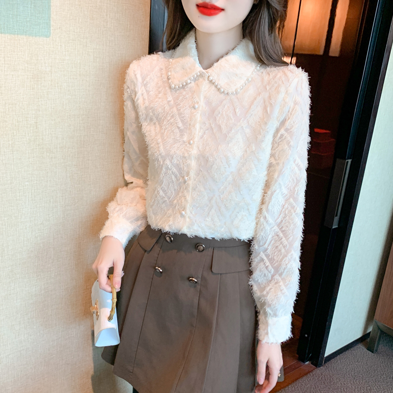 Western style long sleeve tops beige lace shirt