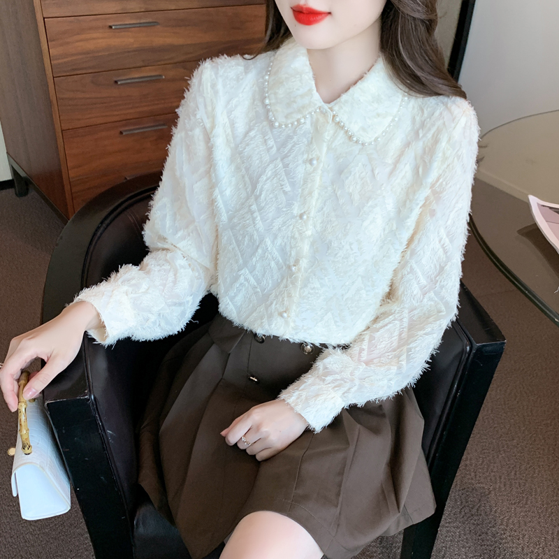 Western style long sleeve tops beige lace shirt