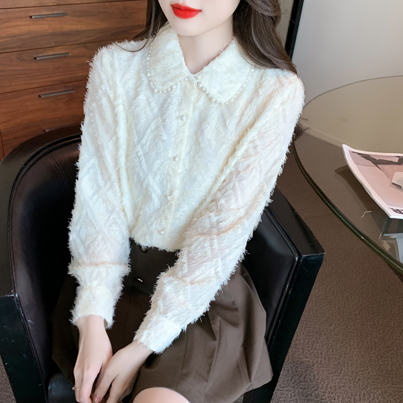 Western style long sleeve tops beige lace shirt