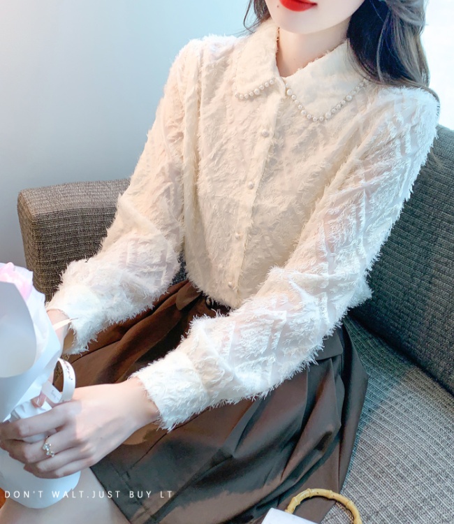 Western style long sleeve tops beige lace shirt