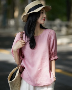 Lantern sleeve breathable short sleeve tops cozy flax small shirt