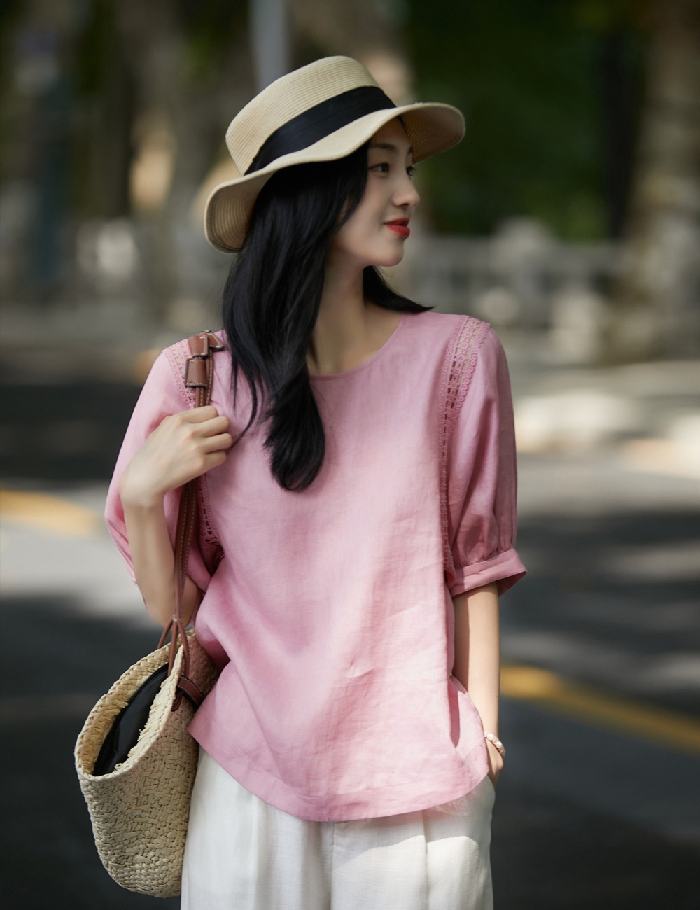 Lantern sleeve breathable short sleeve tops cozy flax small shirt