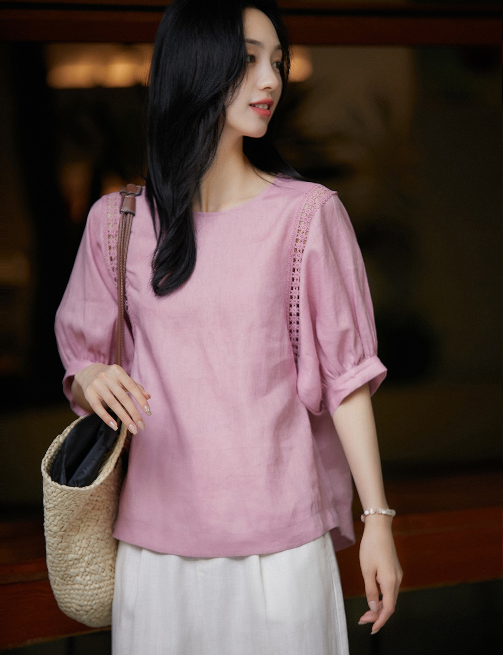 Lantern sleeve breathable short sleeve tops cozy flax small shirt