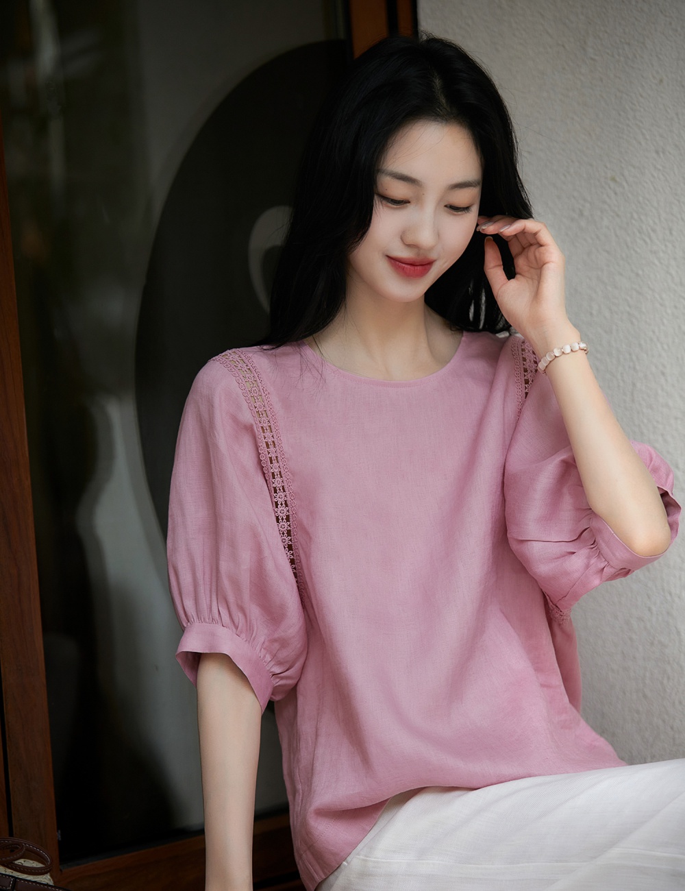 Lantern sleeve breathable short sleeve tops cozy flax small shirt