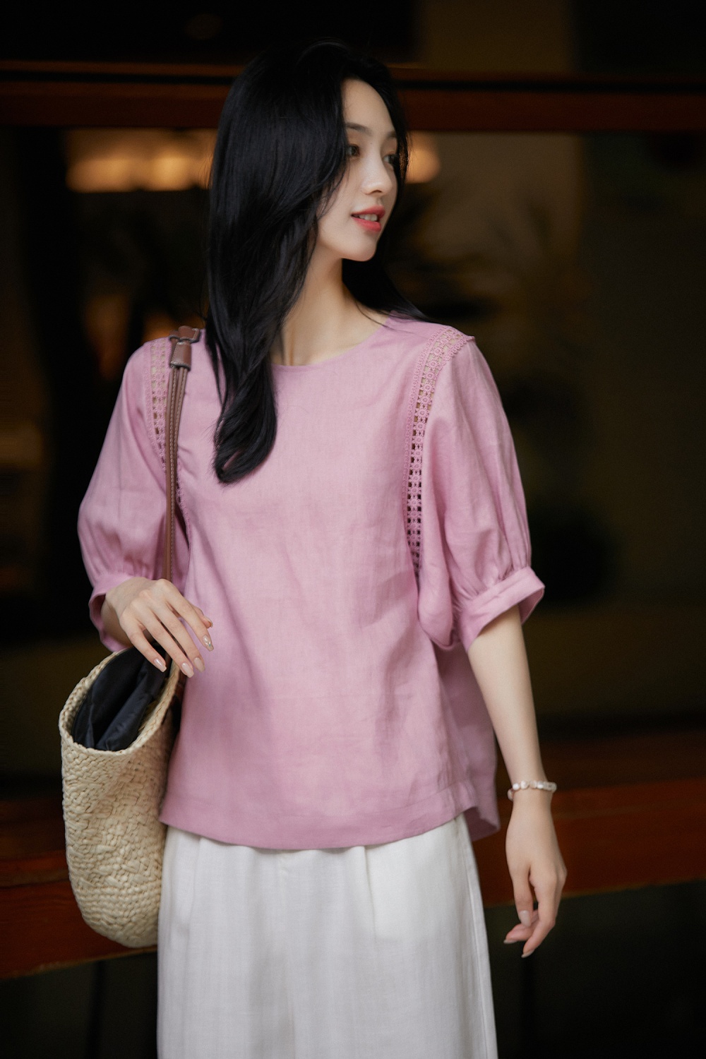 Lantern sleeve breathable short sleeve tops cozy flax small shirt