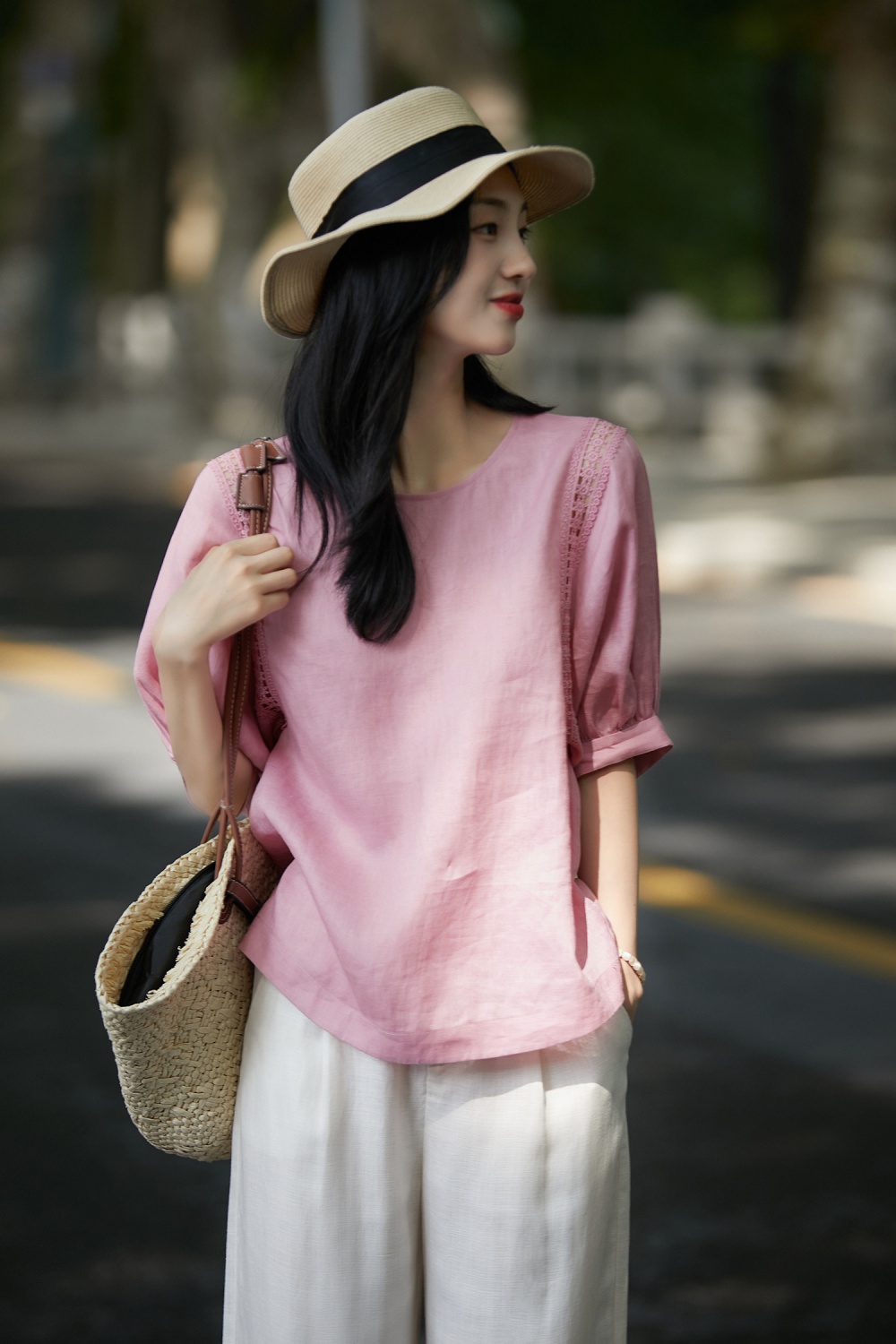 Lantern sleeve breathable short sleeve tops cozy flax small shirt