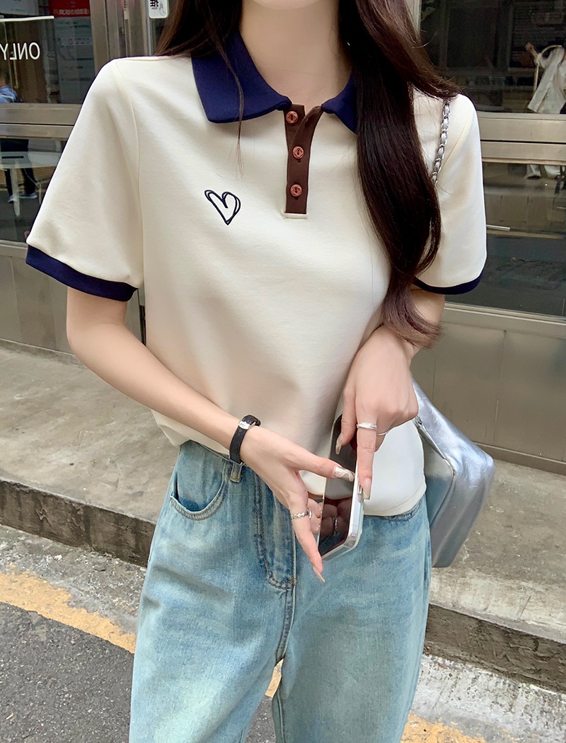 Lapel embroidery tops fashion summer T-shirt for women