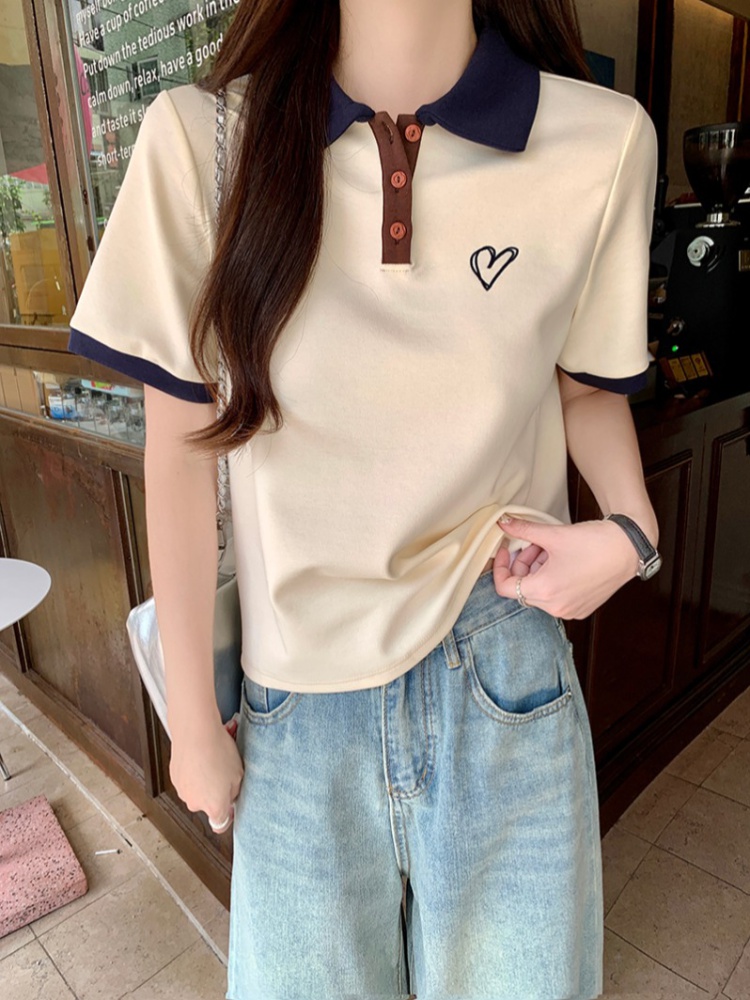 Lapel embroidery tops fashion summer T-shirt for women