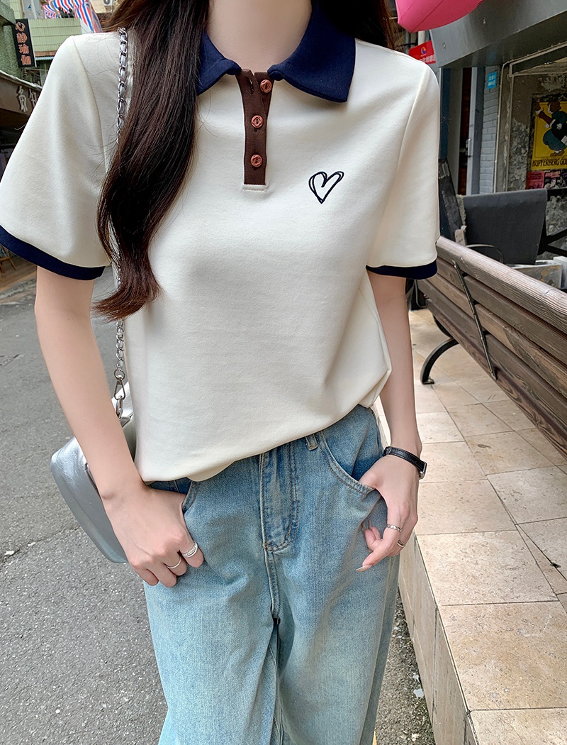 Lapel embroidery tops fashion summer T-shirt for women