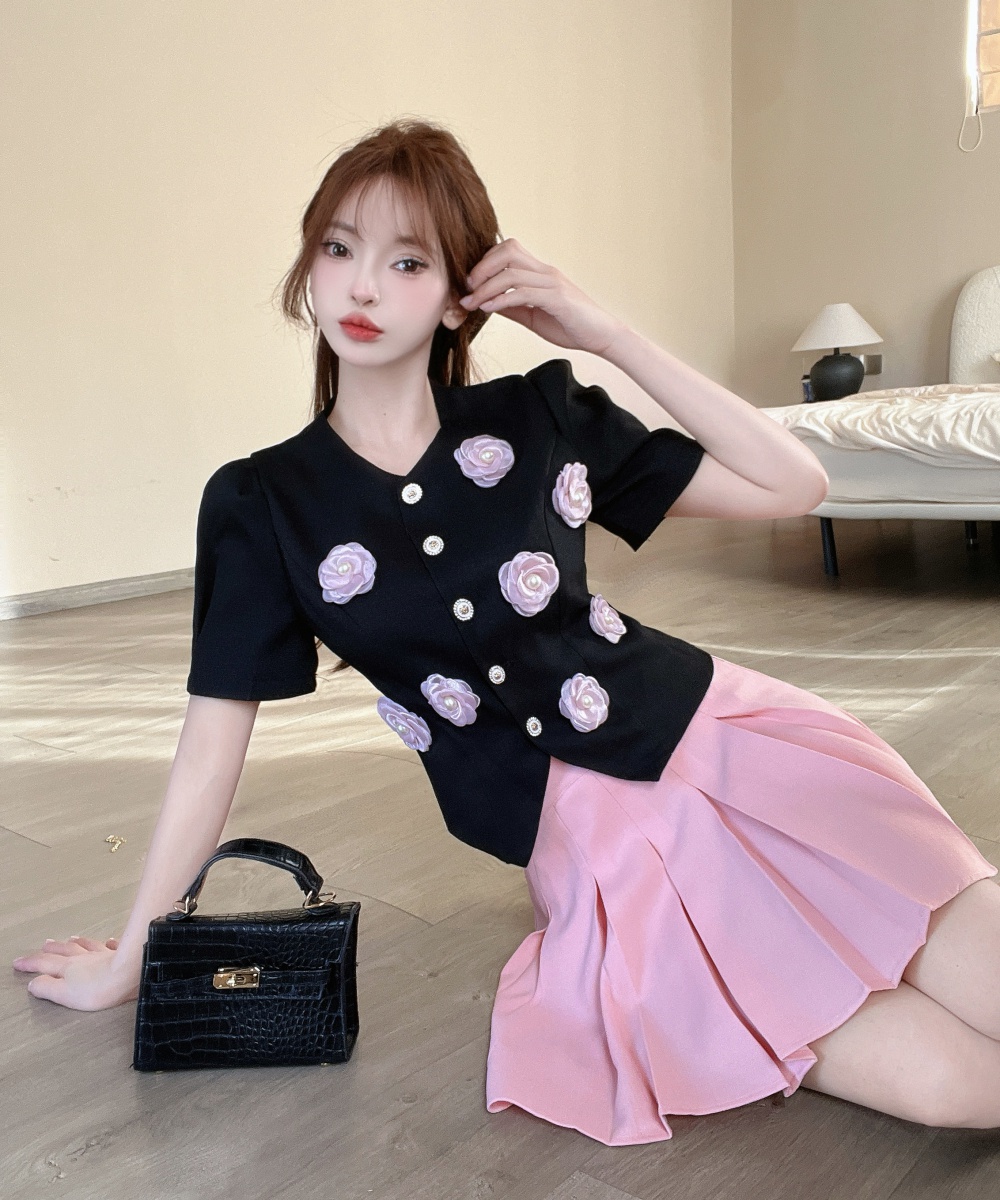 Pleated Korean style temperament high waist skirt a set