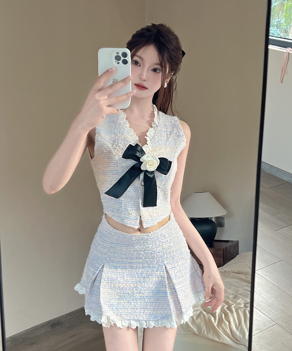 Chanelstyle colors short skirt lace waistcoat 2pcs set