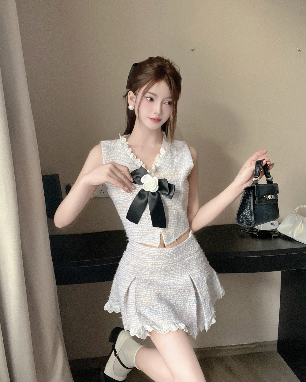 Chanelstyle colors short skirt lace waistcoat 2pcs set