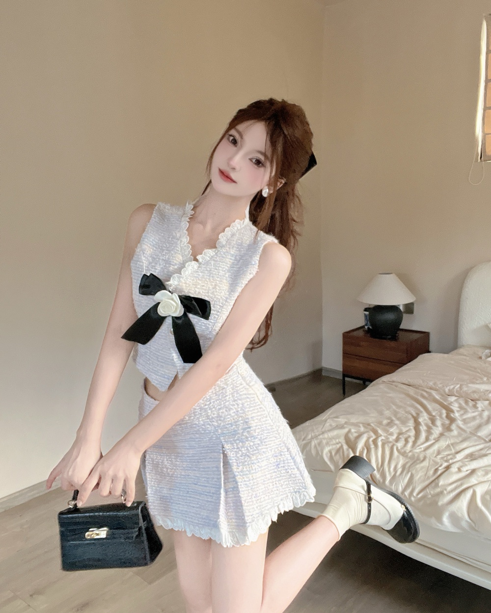 Chanelstyle colors short skirt lace waistcoat 2pcs set