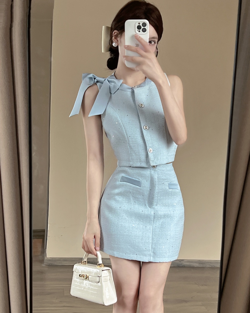 Bandage coarse flower bow chanelstyle skirt a set